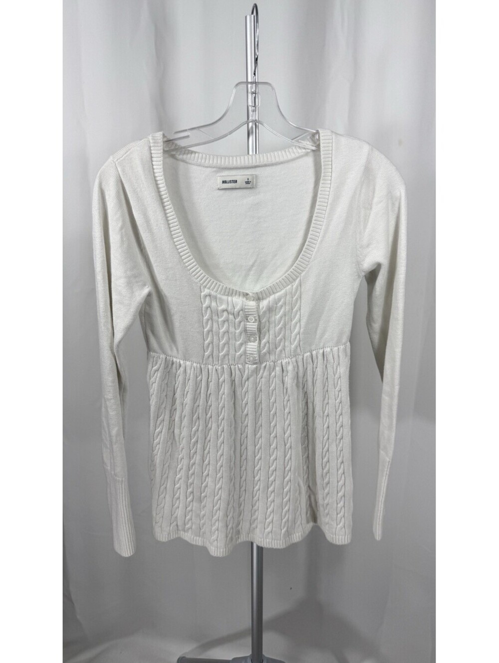 Hollister Y2K Babydoll Cable Knit Sweater S White Henley Scoop Neck Coquette Top